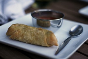 Plated egg roll with sauce. 